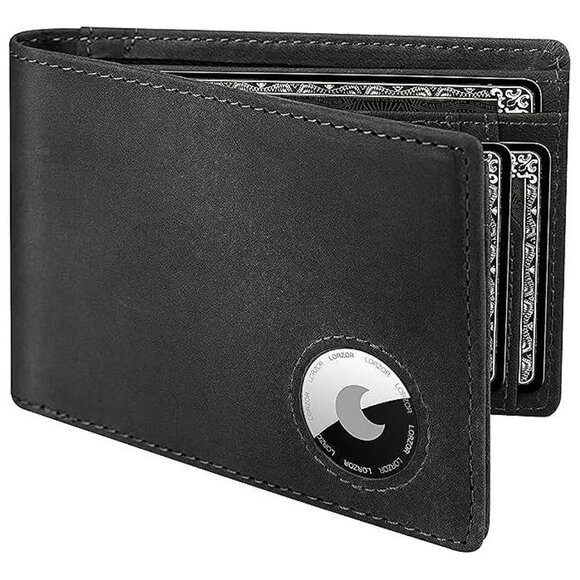 Air Tag Wallet for Men, Bifold Full Grain Leather Mens Wallet , Black-B